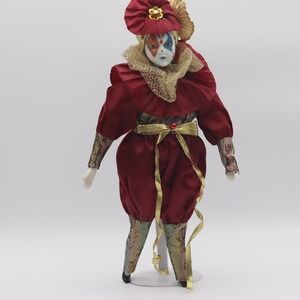 Vintage Porcelain Harlequin Jester Doll Burgundy Gold Satin Hand Painted Face